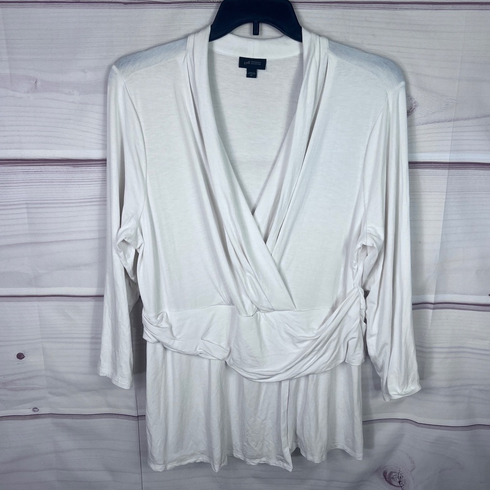 J Jill Wearever Top Womens 2X Cream 3/4 Sleeve Tunic Faux Wrap Banded Waist Knit